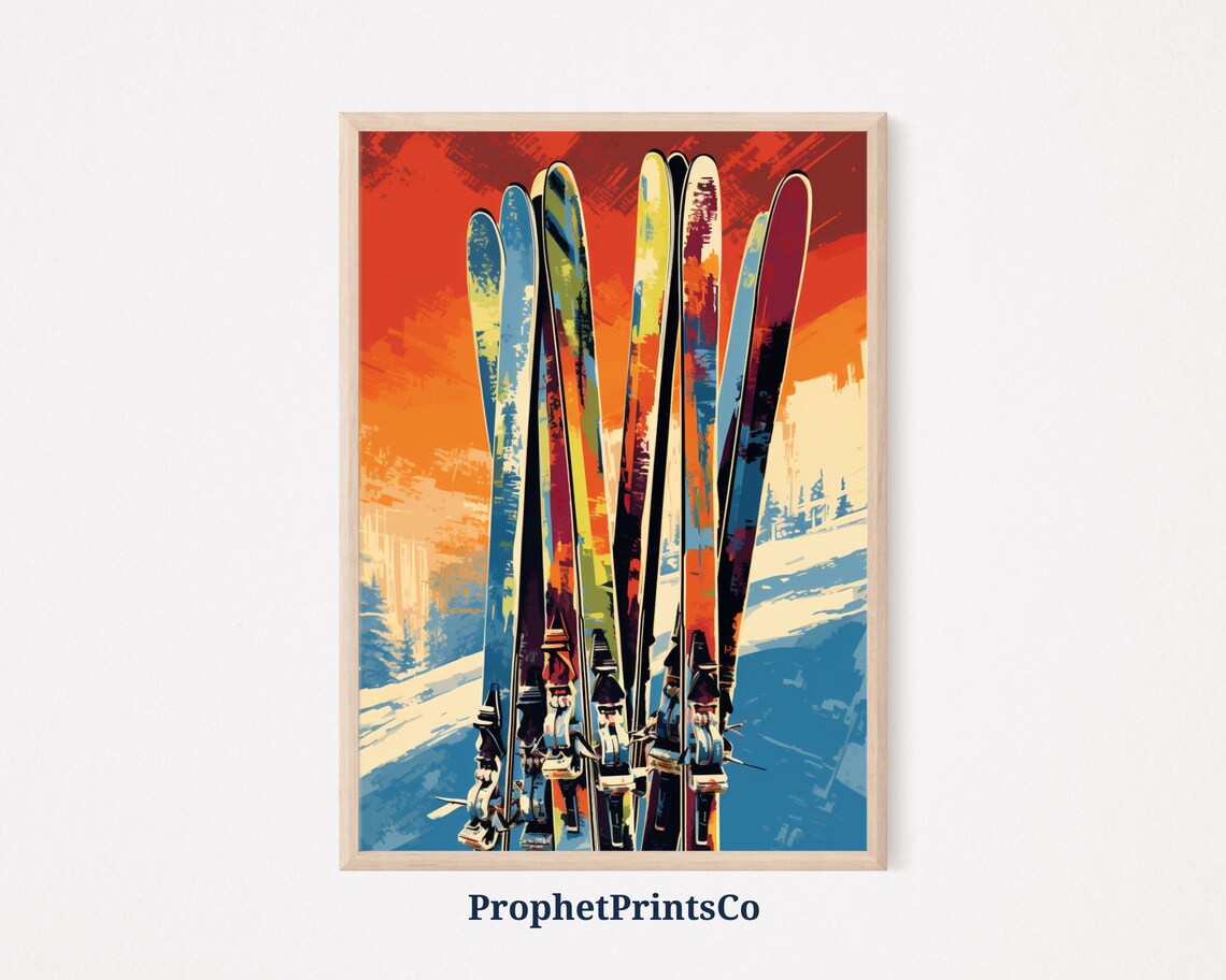 Vintage Pop Art Skis Orange Sunset Slope Retro Winter Ski Poster