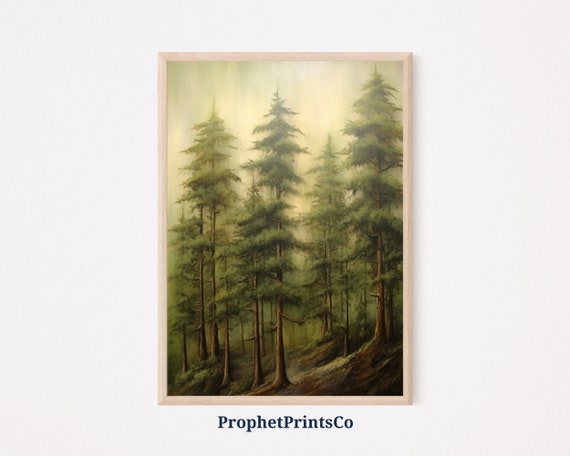 Soft Tonal Pine Trees Oil Painting Foggy Forest Wall Art Pine Tree Painting Rustic Wall Dcor Wall Art