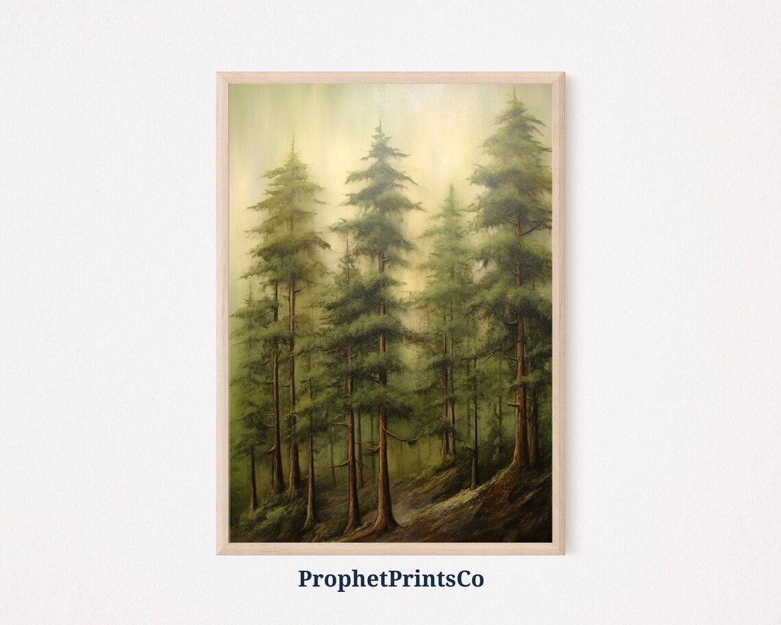 Foggy Pine Forest Oil Painting Tall Evergreen Trees Misty Poster