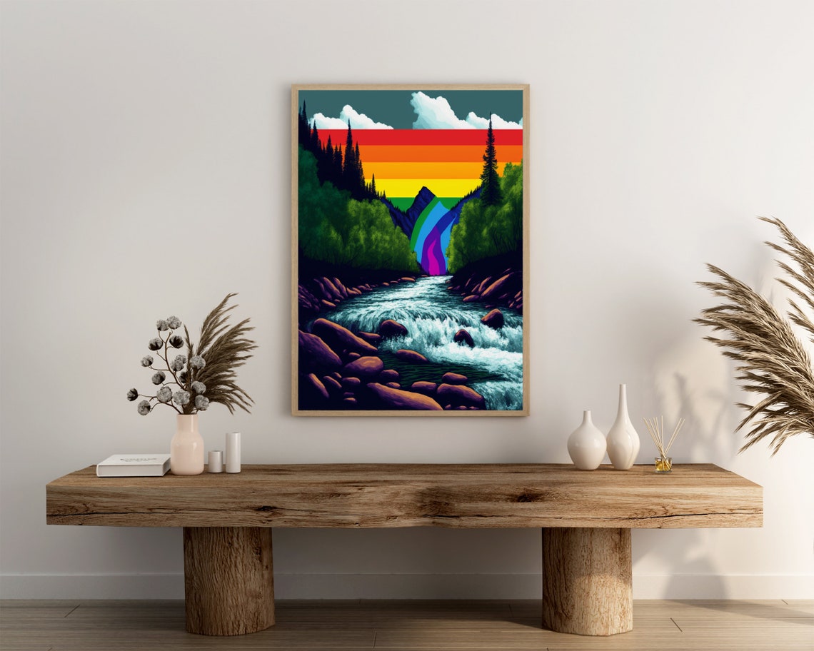 Rainbow Sky Waterfall Pouring River Pine Forest Vector Poster - Image 3