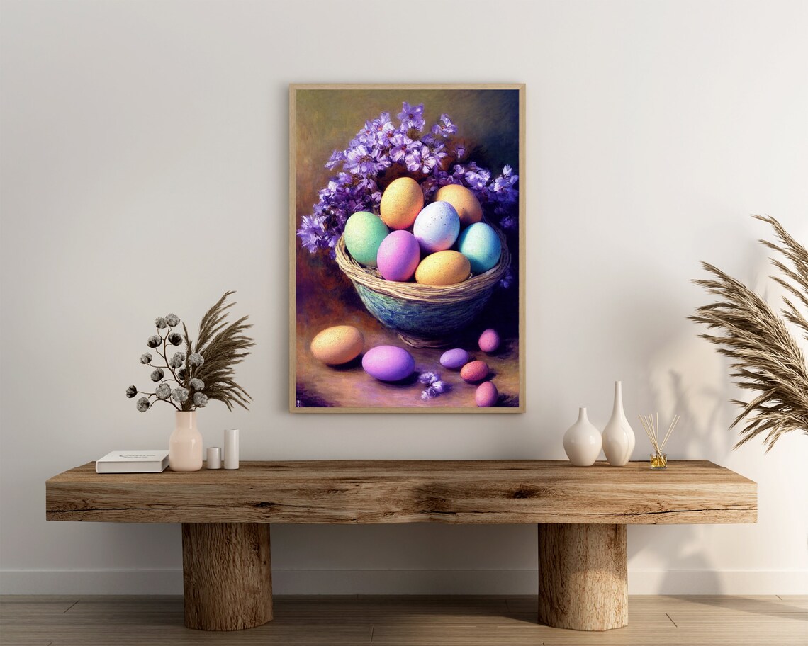 Pastel Easter Eggs in a Woven Basket With Lilac Flowers Poster - Image 3