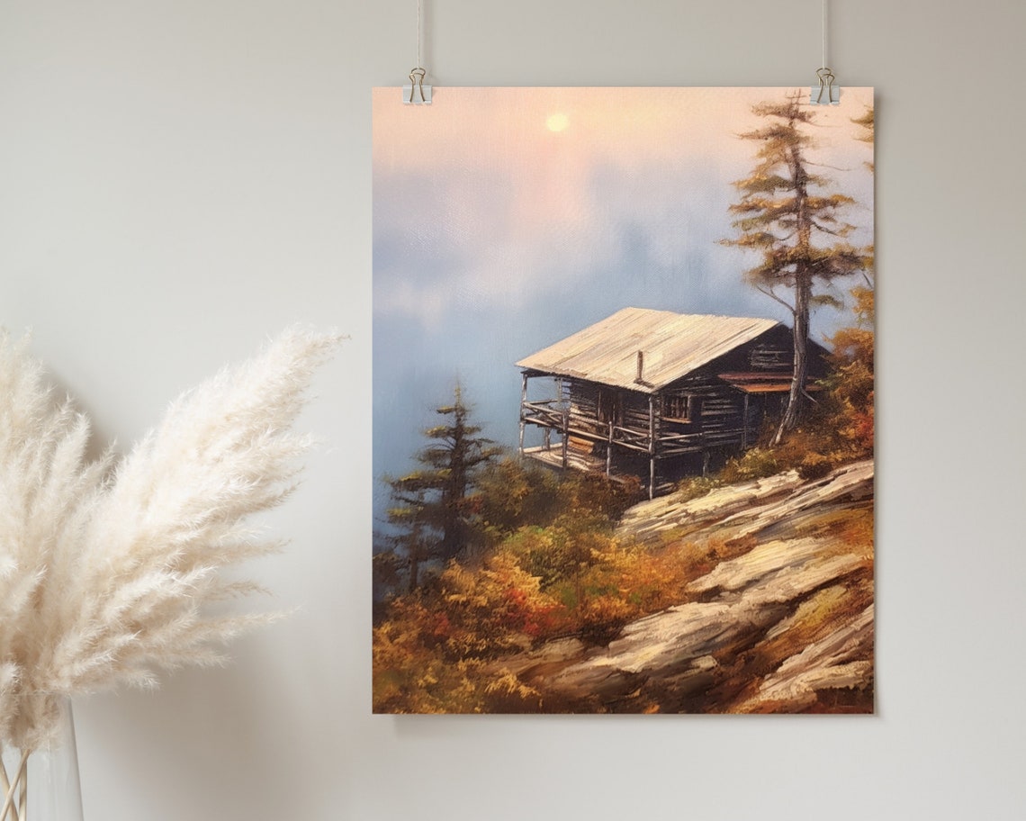 Dark Log Cabin Rocky Clifftop Pines Moonlit Night Oil Painting Poster - Image 2