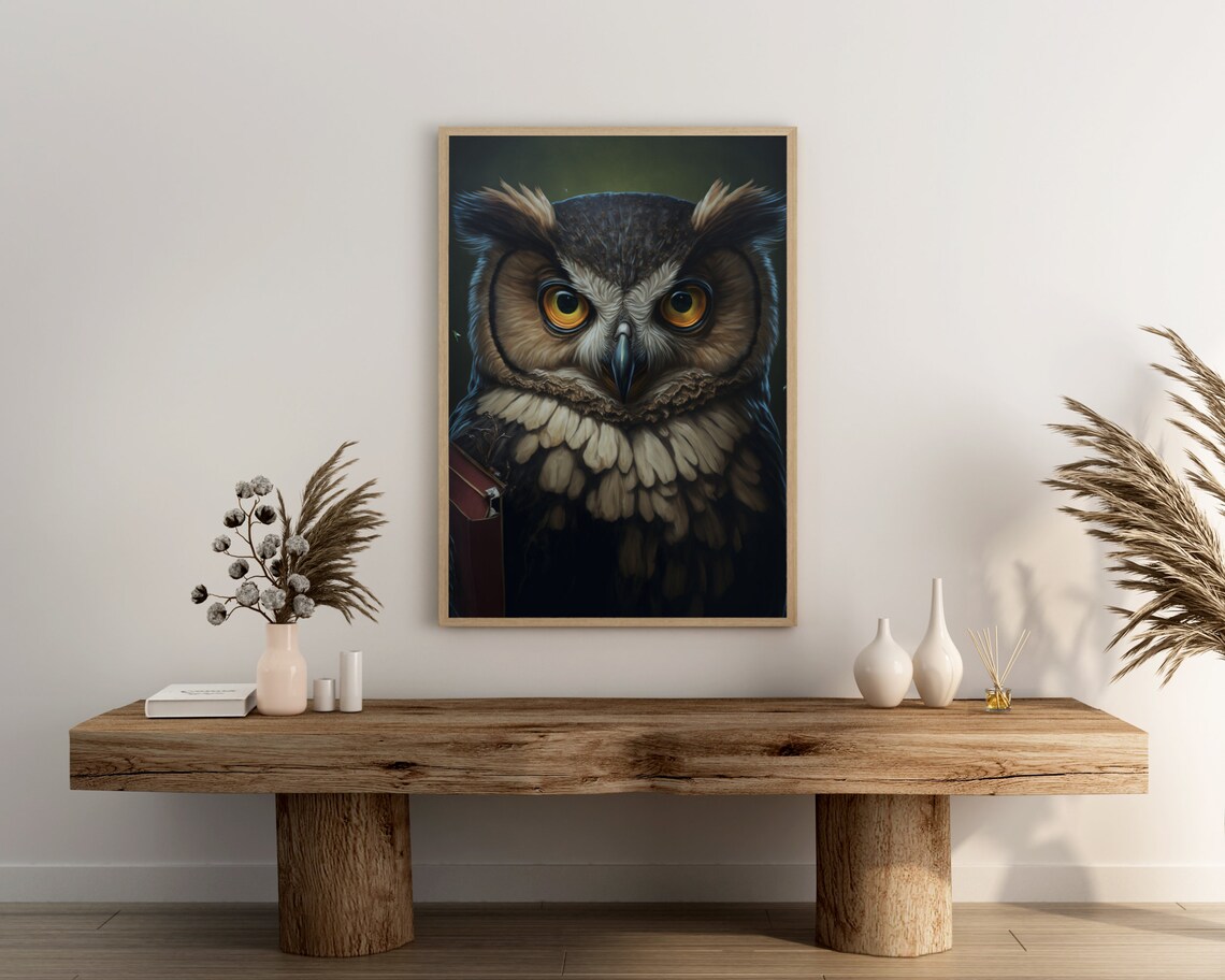 Dark Academia Owl Portrait Moody Oil Painting Bird Lover Gift Poster - Image 3