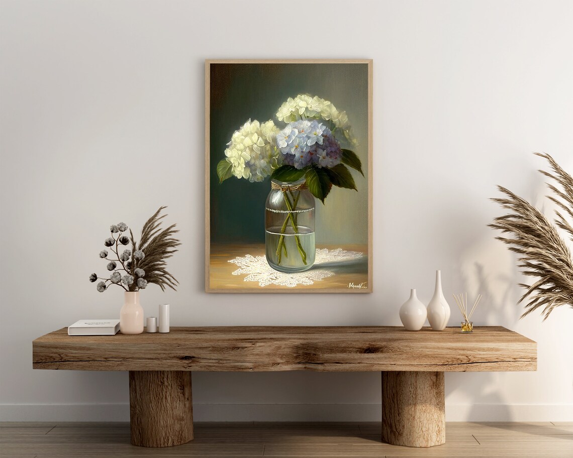 White and Blue Hydrangeas in a Glass Mason Jar Farmhouse Poster - Image 3
