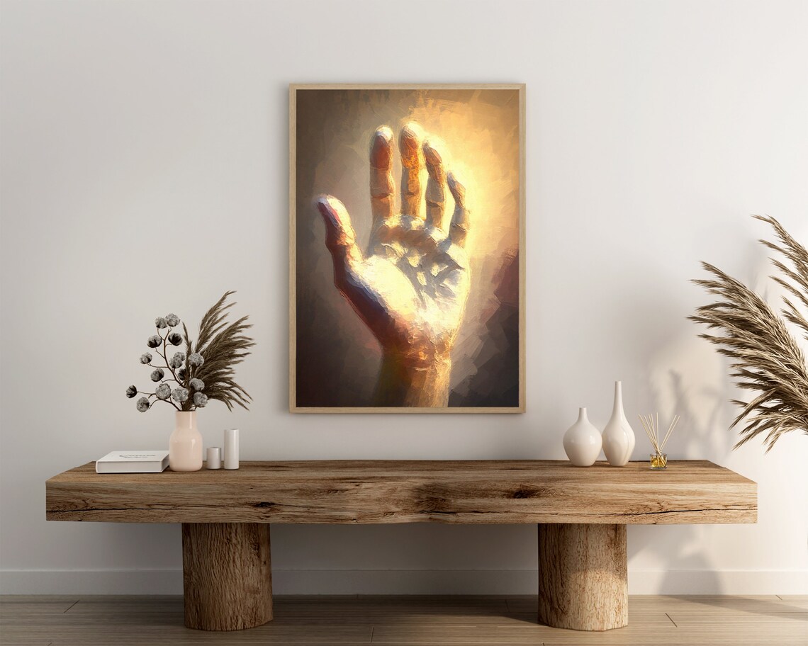 Hand Reaching Up Toward Heavenly Golden Light Oil Painting Poster - Image 3