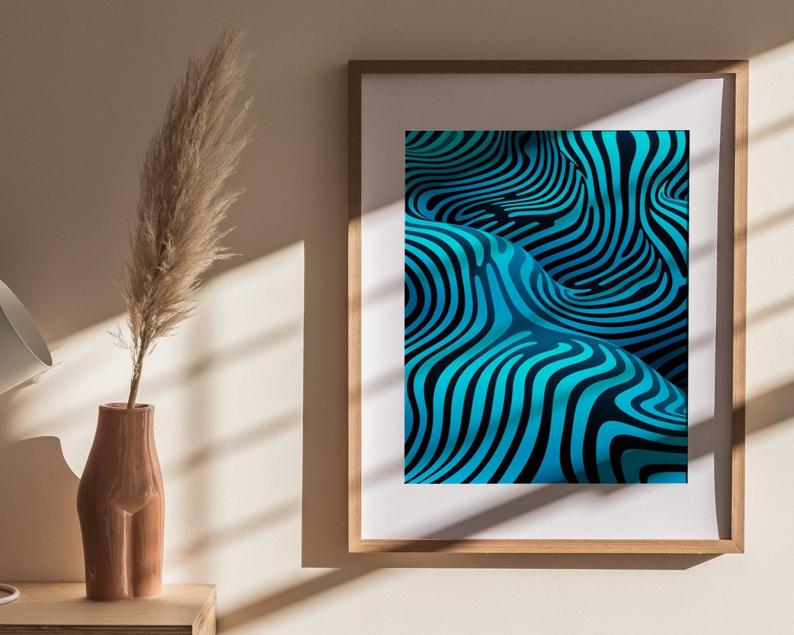 Teal Striped Flowing Ribbon Optical Illusion 3D Ocean Wave Poster - Image 4