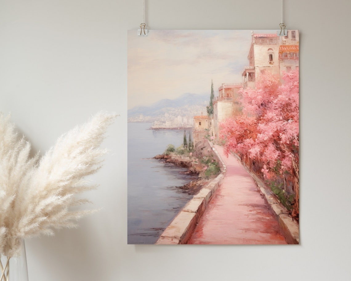 Pink Blossom Seaside Path Whitewashed Village Painting Poster - Image 2