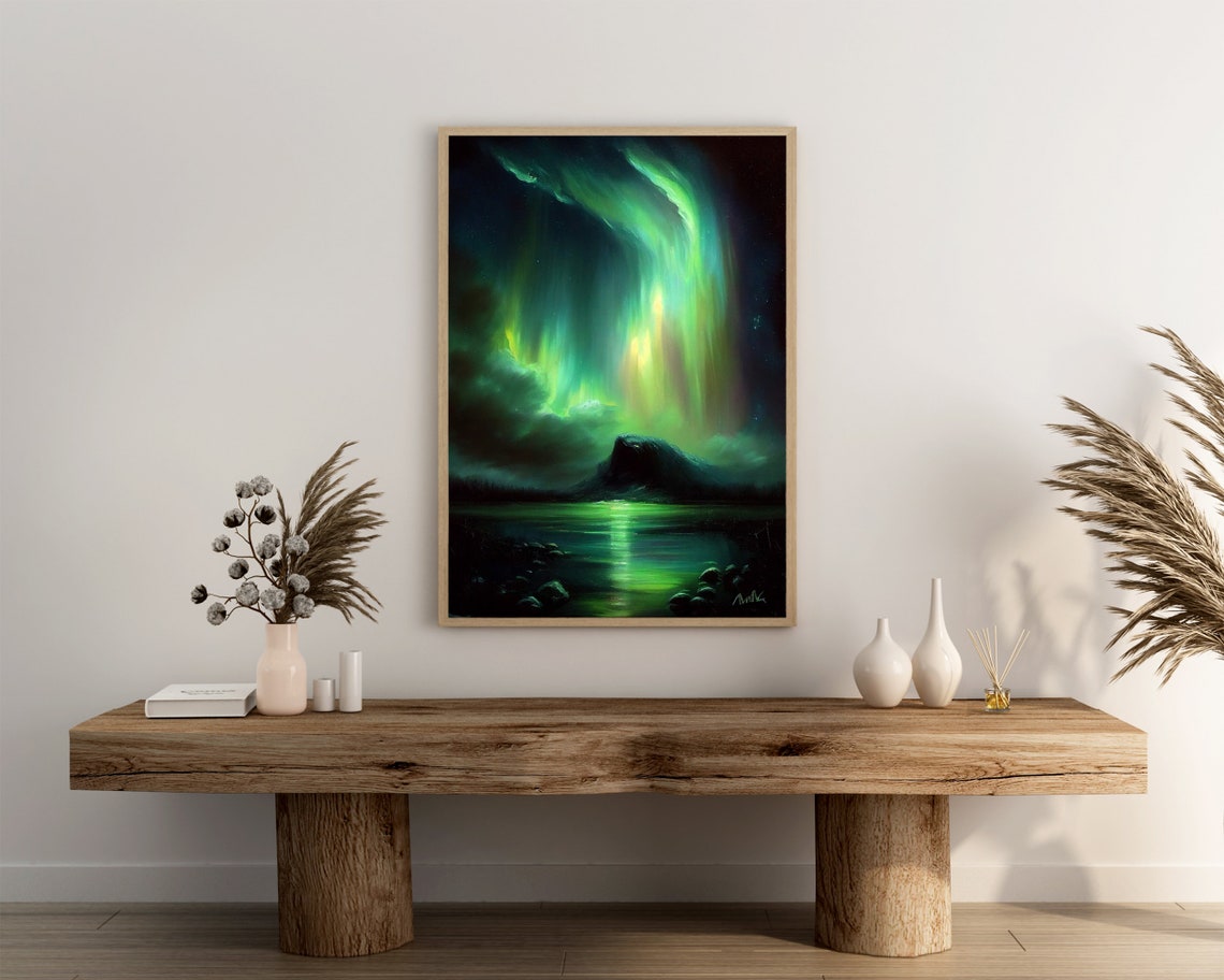 Emerald Aurora Arching Over a Mountain Lake Oil Painting Poster - Image 3