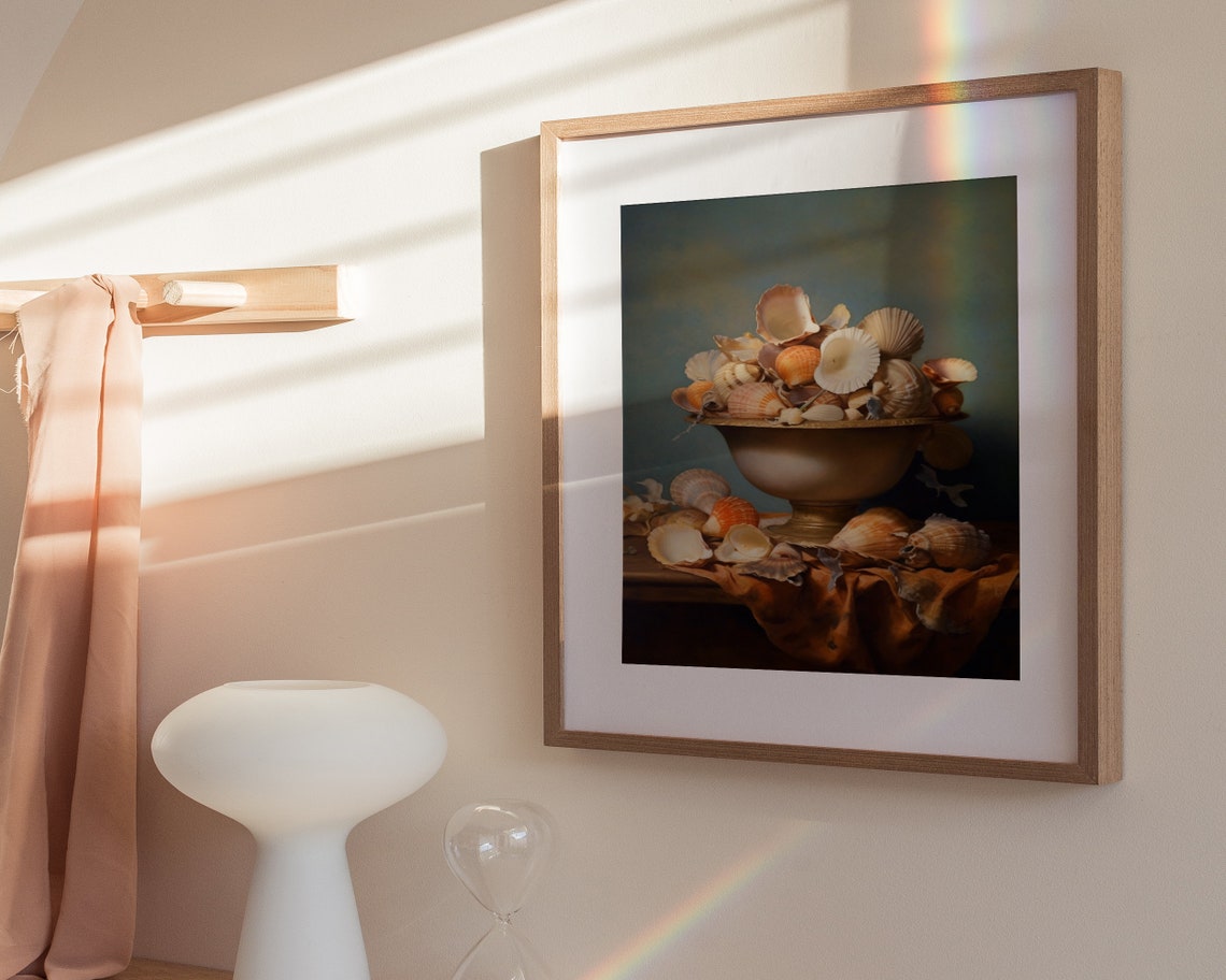 Golden Bowl of Seashells Rust Cloth Warm Still Life Art Poster - Image 3