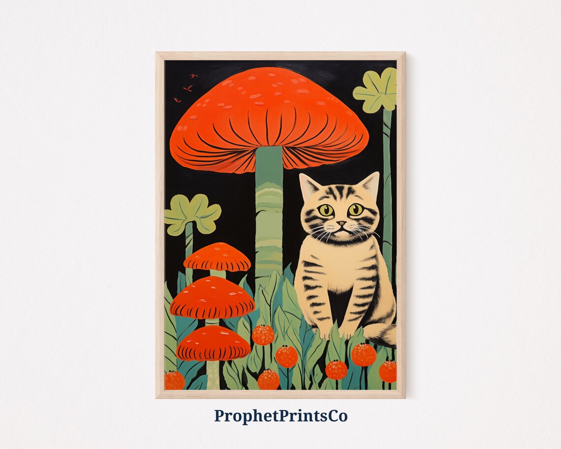 Vintage Tabby Cat With Red Mushrooms Cottagecore Dark Art Poster