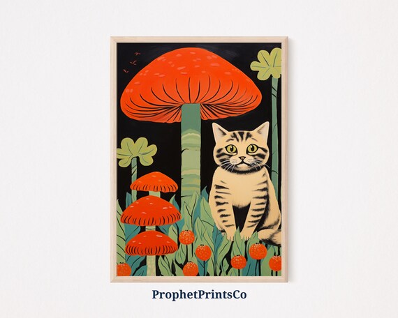 Vintage Tabby Cat With Red Mushrooms Cottagecore Dark Art Poster