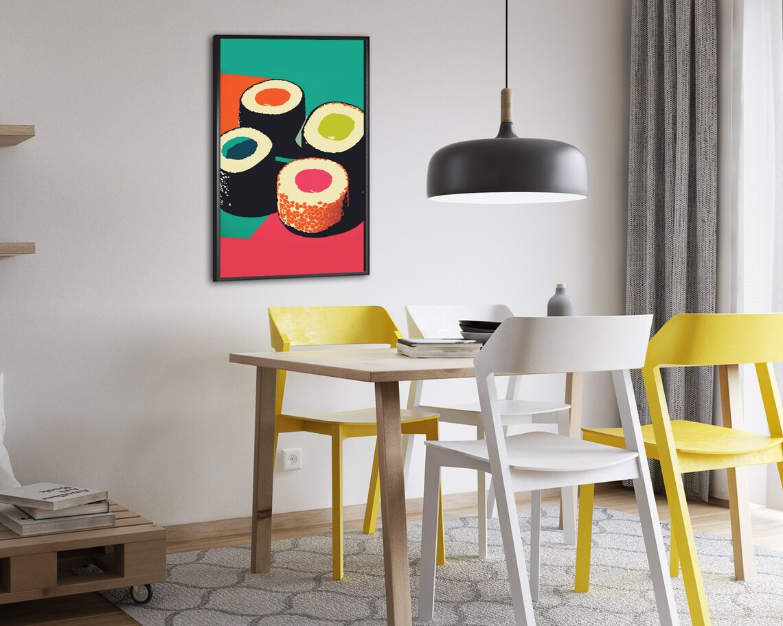 Pop Art Sushi Poster Colorful Maki Rolls on Teal and Red Design - Image 2
