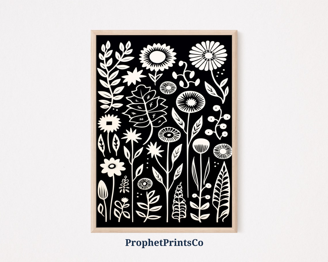 Bold Black And White Folk Floral Pattern Scandinavian Art Poster