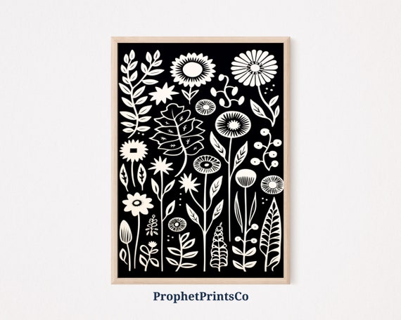 Black And White Floral Pattern Print Boho Wall Art Mid Century Print Cute Eclectic Home Dcor Wall Art