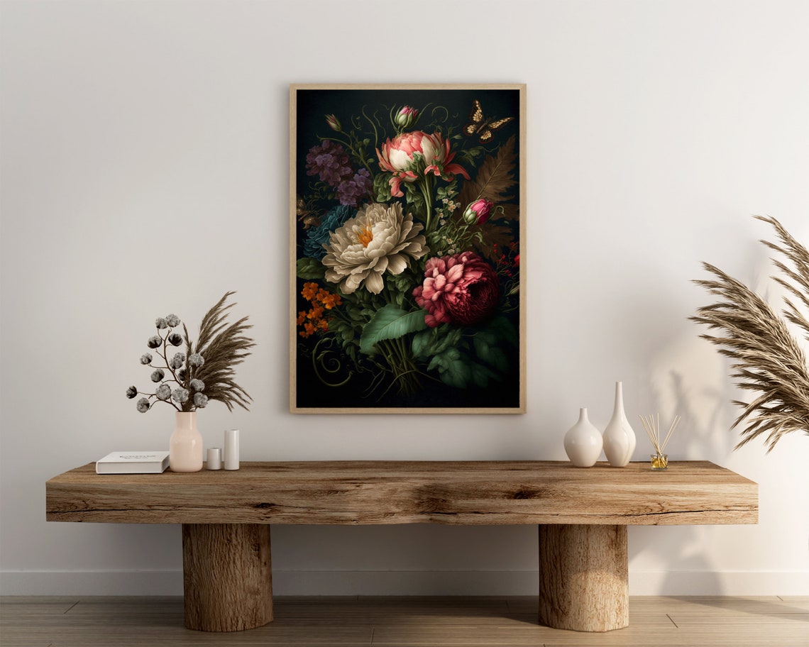 Moody Dutch Floral Bouquet Butterfly Dark Botanical Art Poster - Image 3