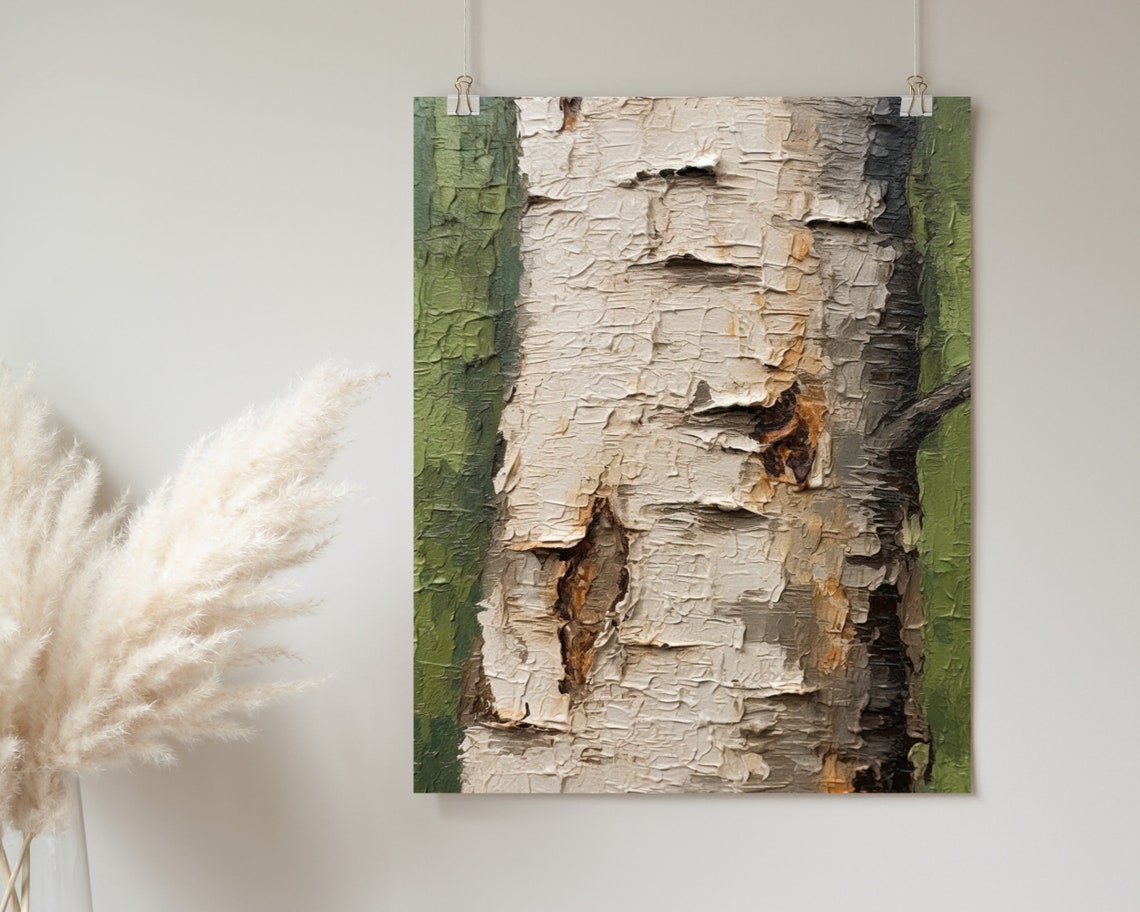 White Birch Bark Oil Painting Textured Forest Green Nature Poster - Image 2
