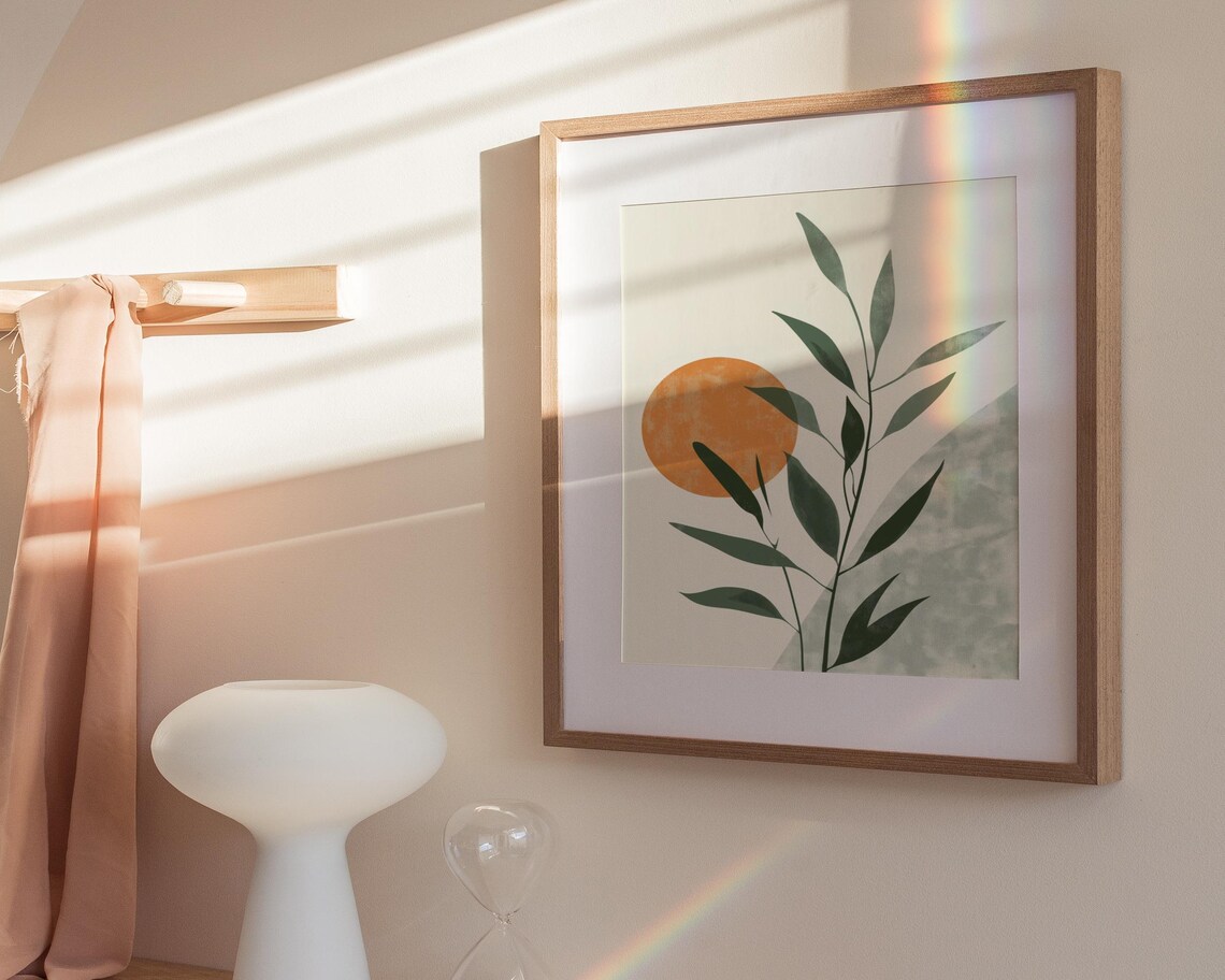 Abstract Botanical Sun Orange Circle Green Leaves Modern Poster - Image 3
