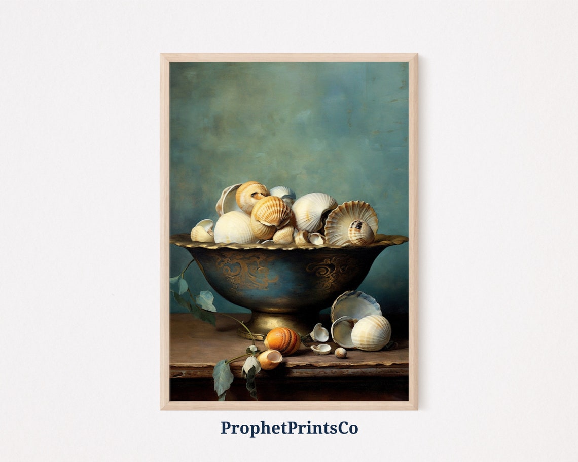 Seashell Still Life Ornate Bowl Teal Coastal Oil Painting Poster
