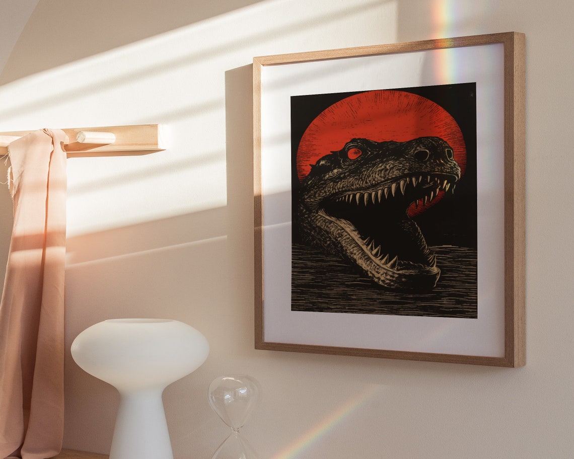 Crocodile Profile Emerging Water Red Sun Woodblock Art Poster - Image 3