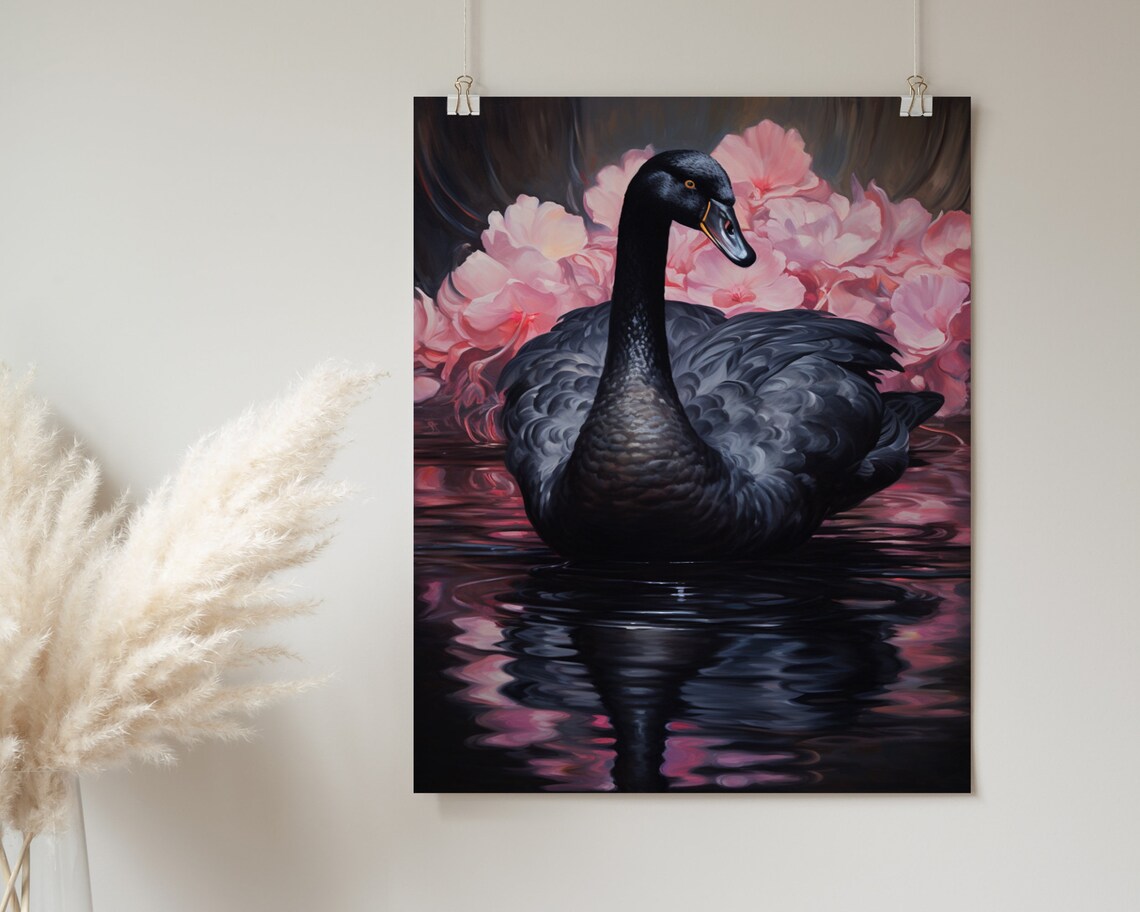 Majestic Black Swan with Pink Flowers Dark Water Oil Painting Poster - Image 2