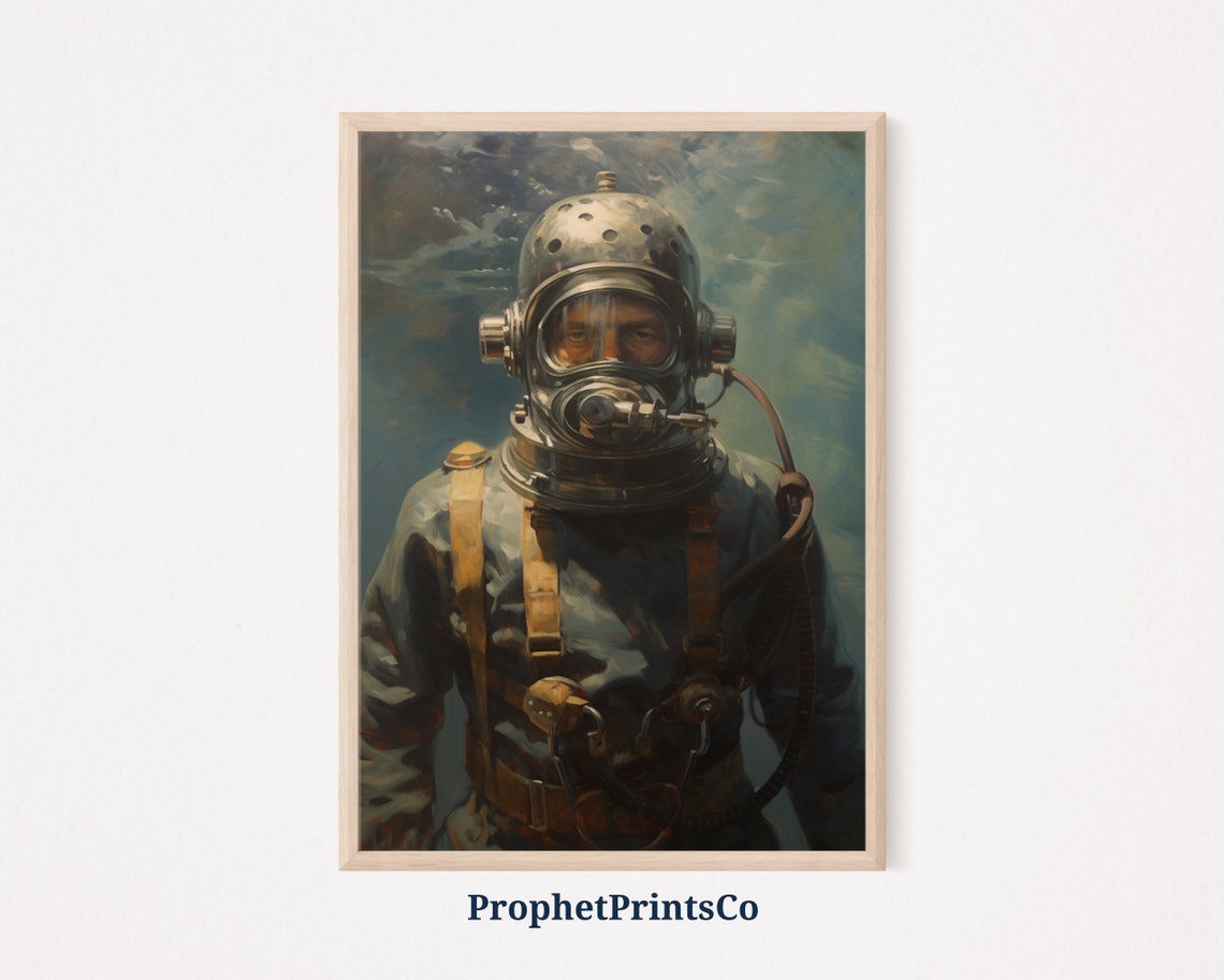 Antique Deep Sea Diver Copper Helmet Portrait Painting Poster