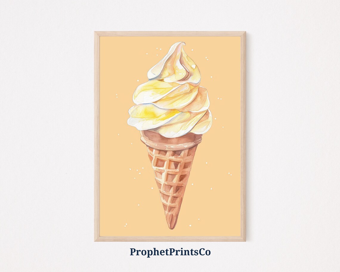 Yellow Watercolor Soft Serve Ice Cream Cone Peach Retro Dessert Poster