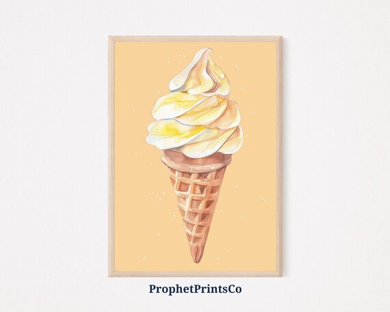 Yellow Watercolor Soft Serve Ice Cream Cone Peach Retro Dessert Poster