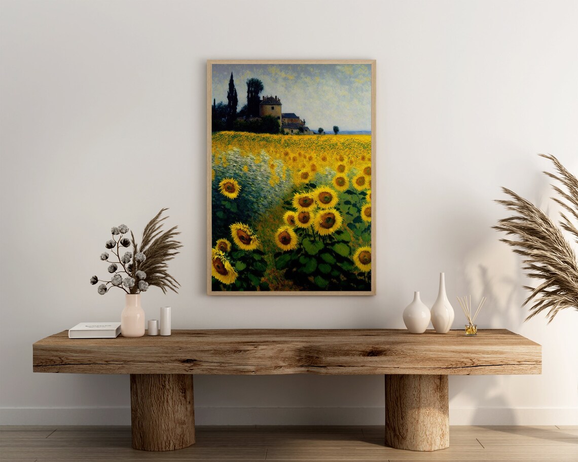 Sunflower Field With a Country Farmhouse in Warm Impressionist Style Poster - Image 3