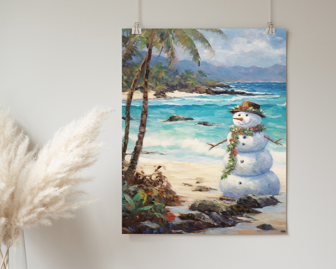 Snowman Wearing Lei on Rocky Shore Tropical Hawaiian Christmas Beach Poster - Image 2