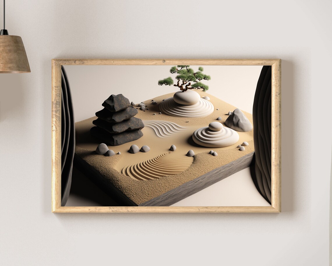 Japanese Zen Garden Stacked Stones Bonsai Tree Raked Sand Poster - Image 2