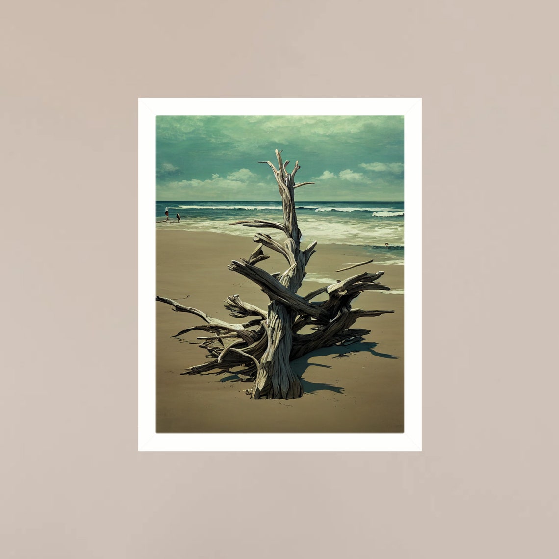 Driftwood Tree on Sandy Beach Ocean Waves Coastal Oil Art Poster - Image 3