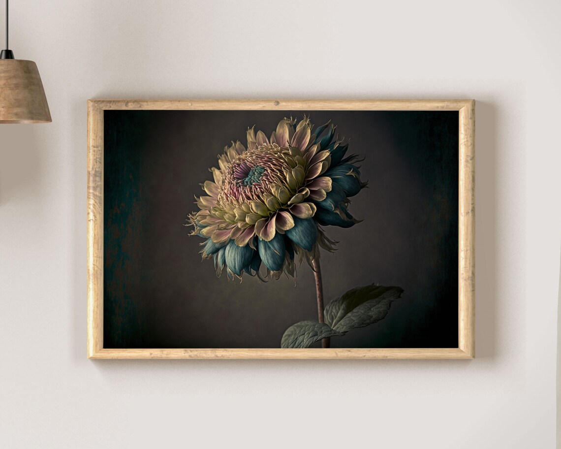 Moody Vintage Golden Flower With Teal Petals Dark Background Art Poster - Image 2