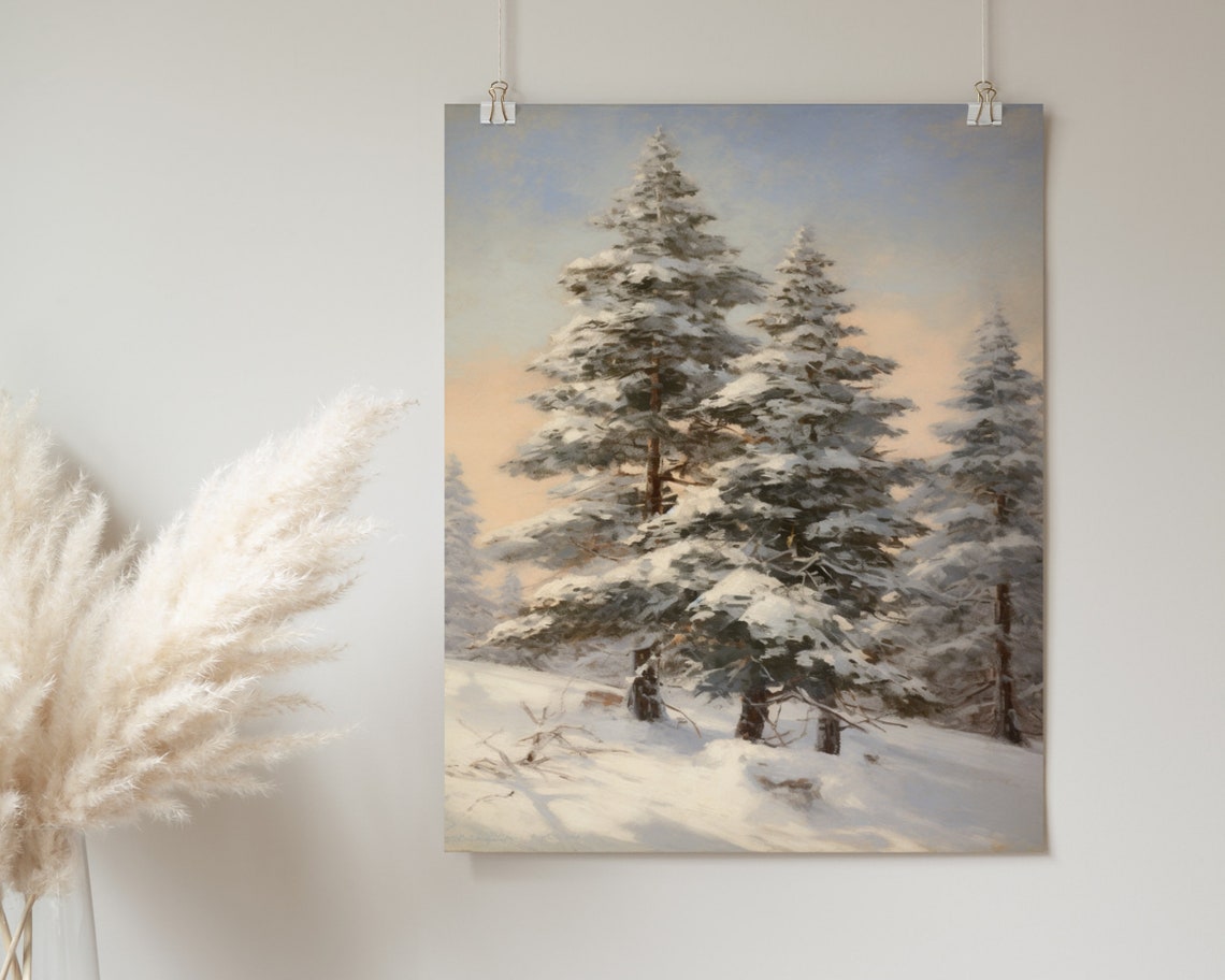 Snow Covered Pine Trees Warm Sunset Glow Winter Painting Poster - Image 2