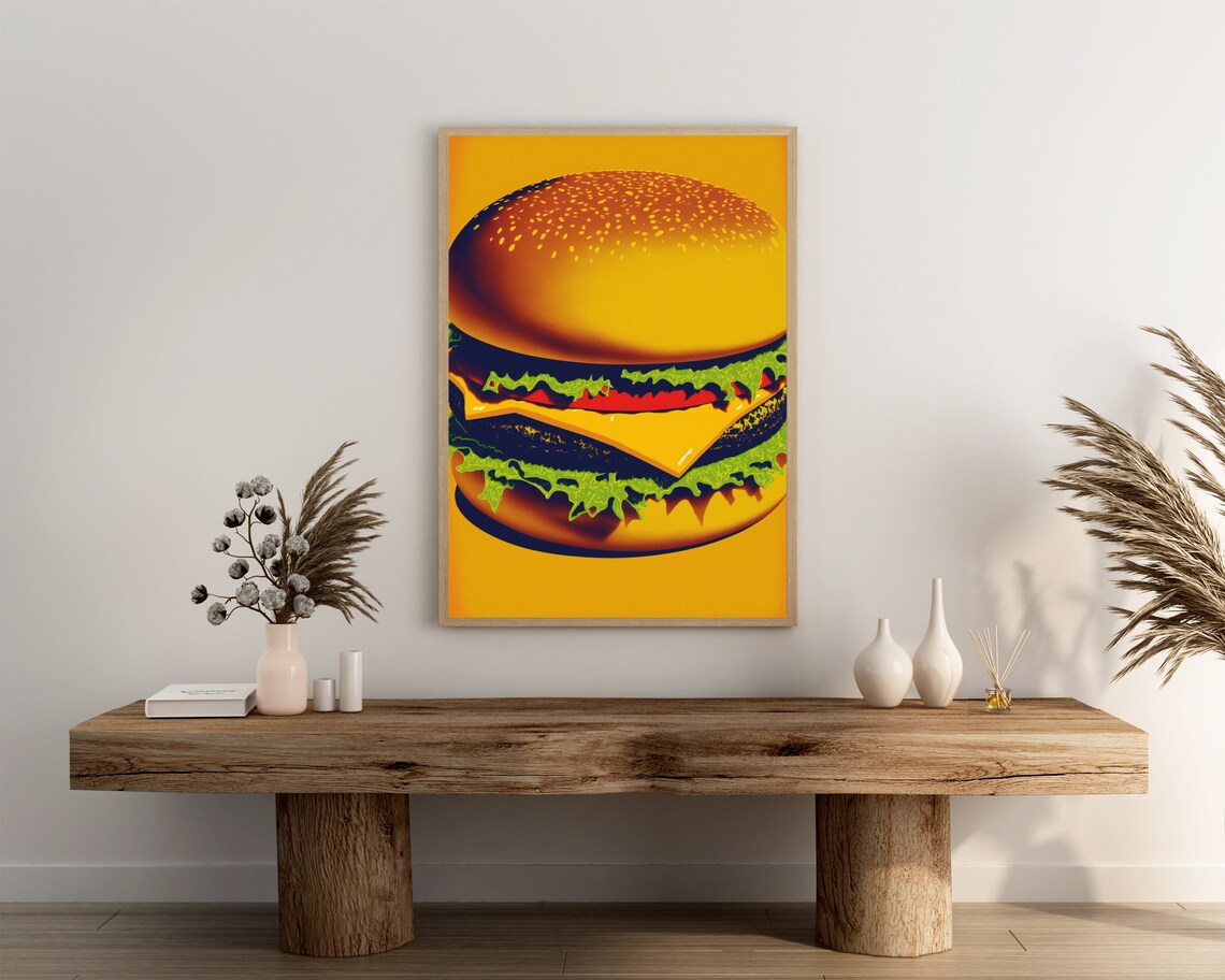 Giant Cheeseburger Pop Art in Bold Orange and Green Retro Style Poster - Image 3