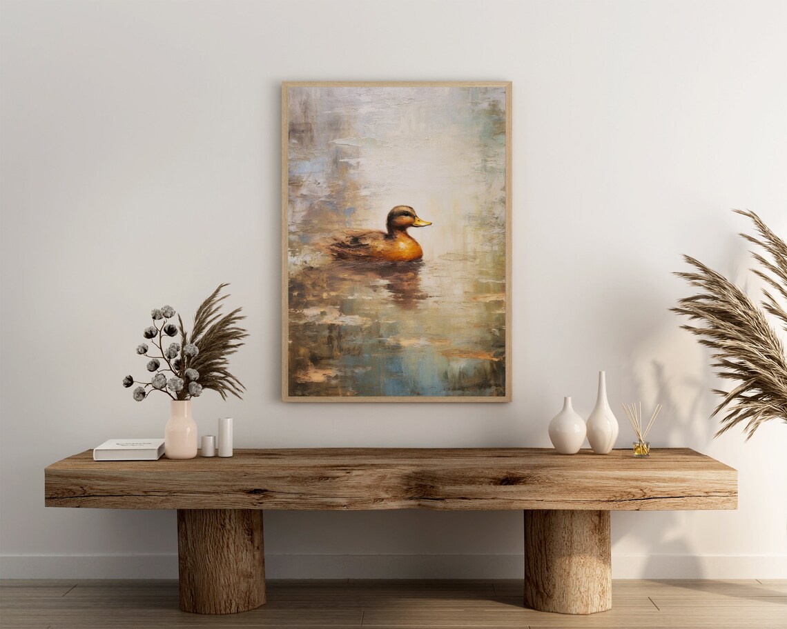 Brown Duck Swimming Oil Painting Serene Lake Water Wildlife Poster - Image 3