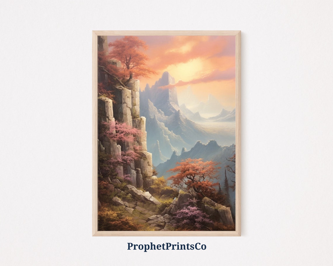 Autumn Mountain Cliffs Oil Painting Orange Sunset Rocky Peaks Poster