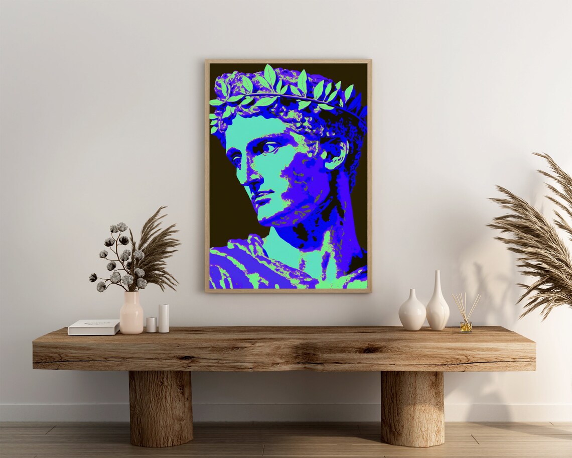 Julius Caesar With Laurel Wreath In Blue Neon Pop Art Poster - Image 3
