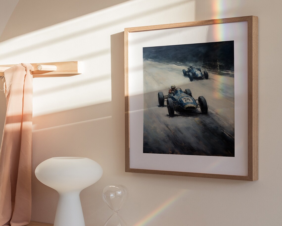 Vintage Blue Race Car Number 24 Impressionist Racing Art Poster - Image 3