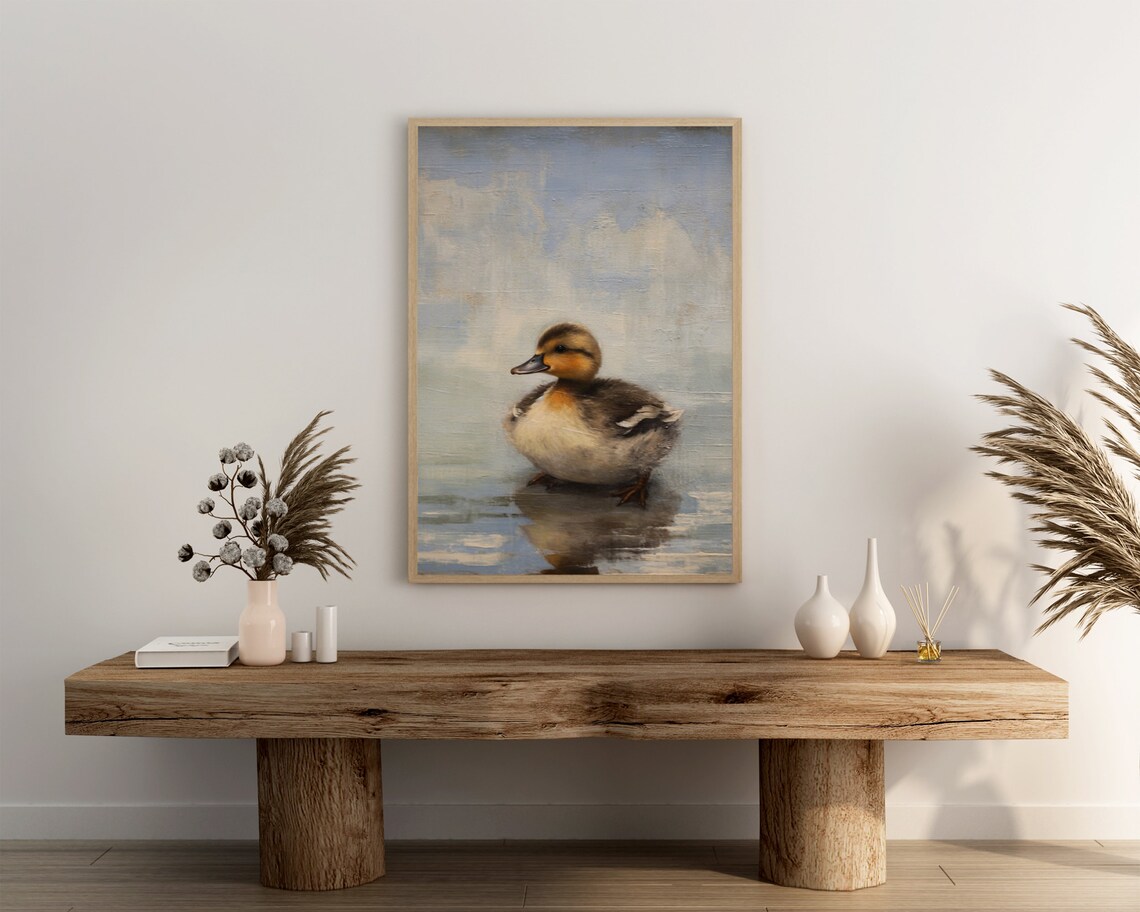 Baby Duckling on Quiet Water Vintage Style Oil Painting Poster - Image 3
