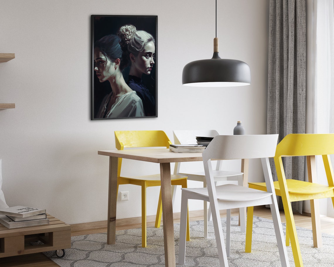 Two Women Back To Back Dark Moody Painterly Portrait Art Poster - Image 2