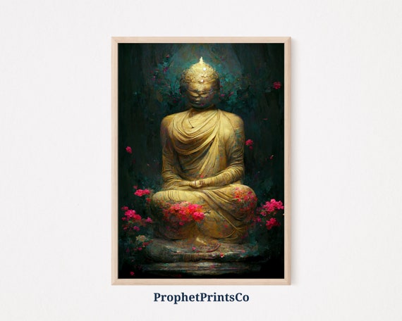 Digitial Golden Buddha Statue Poster Print Nature Wall Art Holiday Gift Spiritual Room Dcor