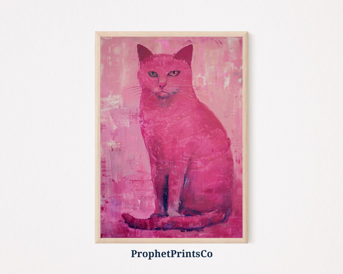 Pink Cat Oil Painting Vibrant Magenta Seated Trendy Glam Decor Poster