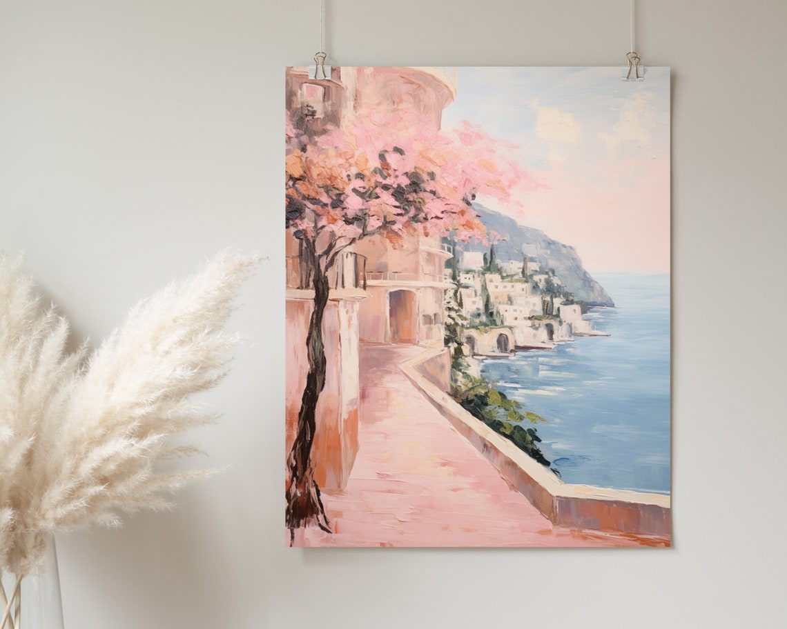 Amalfi Coast Pink Blossom Tree Seaside Walkway Painting Poster - Image 2