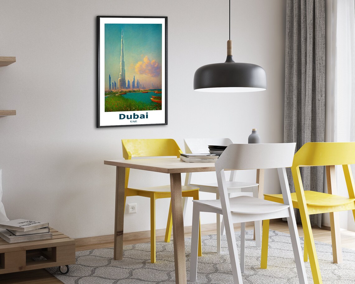 Dubai UAE Burj Khalifa Over Water Boats Impressionist Travel Poster - Image 2