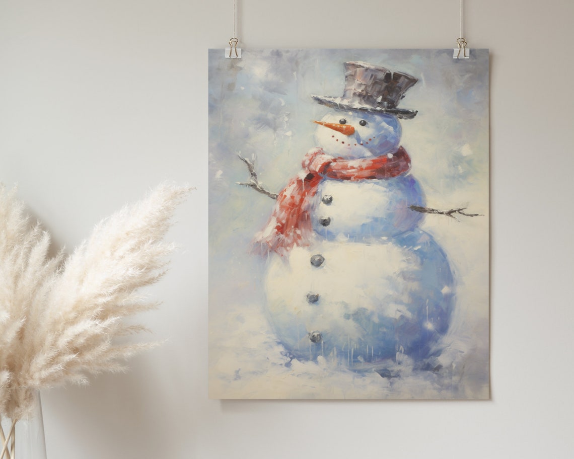 Happy Snowman Red Scarf Falling Snow Close Up Christmas Art Poster - Image 2