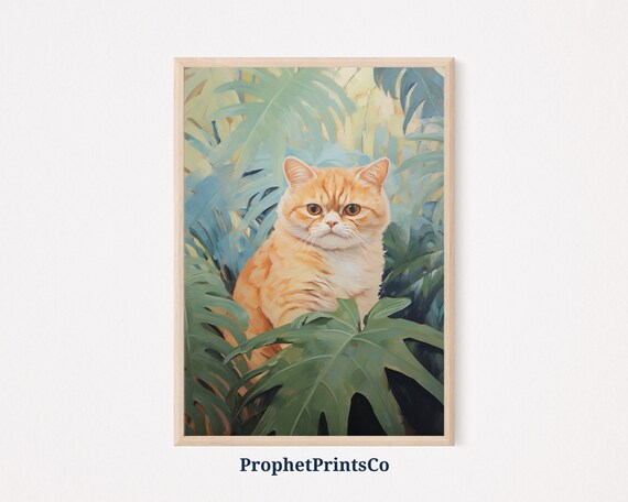 Ginger Cat Peeking Through Tropical Leaves Vintage Jungle Feline Painting Poster