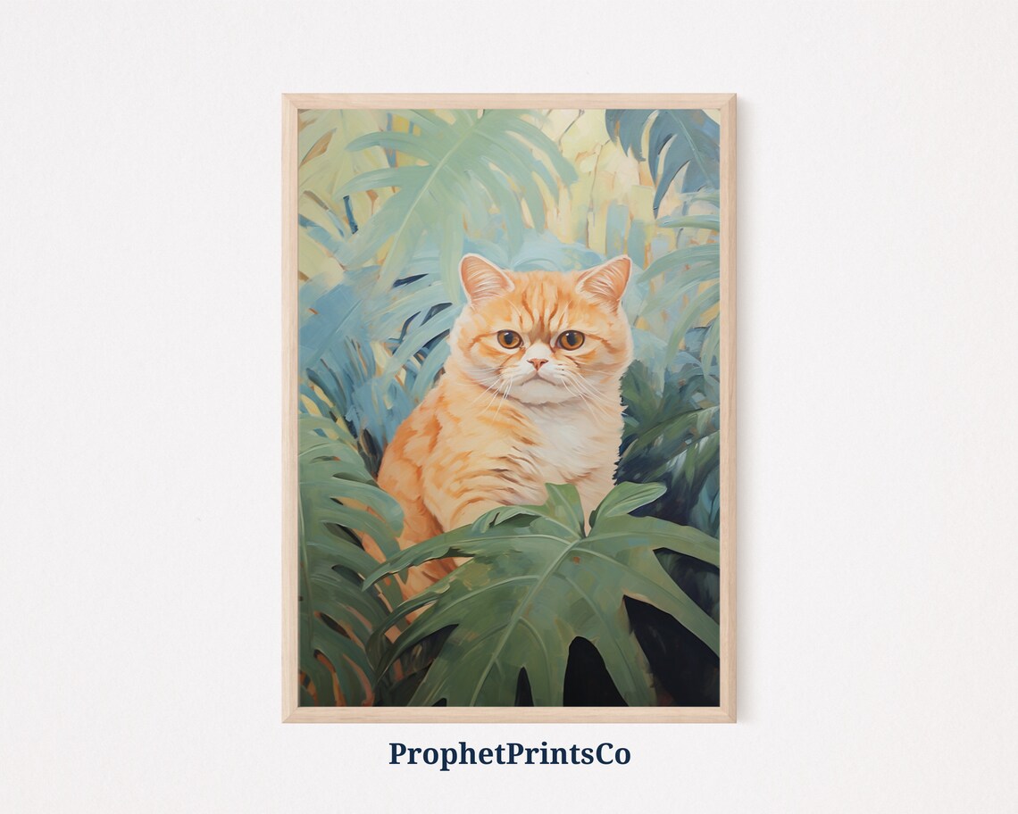 Ginger Cat Peeking Through Tropical Leaves Vintage Jungle Feline Painting Poster