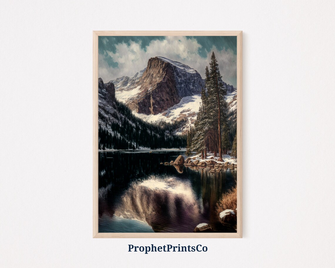 Winter Mountain Lake Snowy Pines Still Water Reflection Nature Art Poster