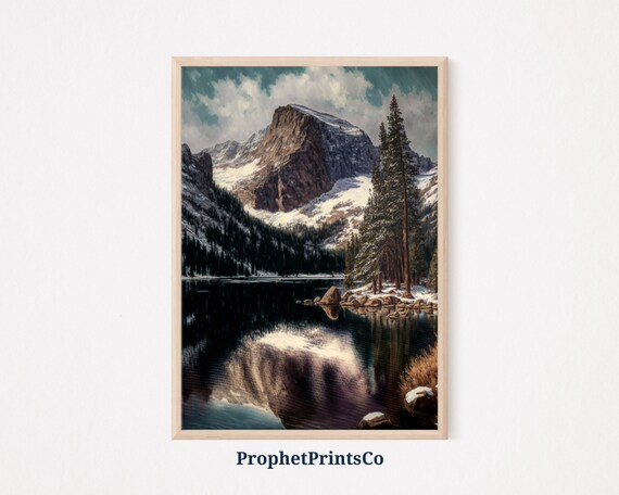 Winter Mountain Lake Snowy Pines Still Water Reflection Nature Art Poster