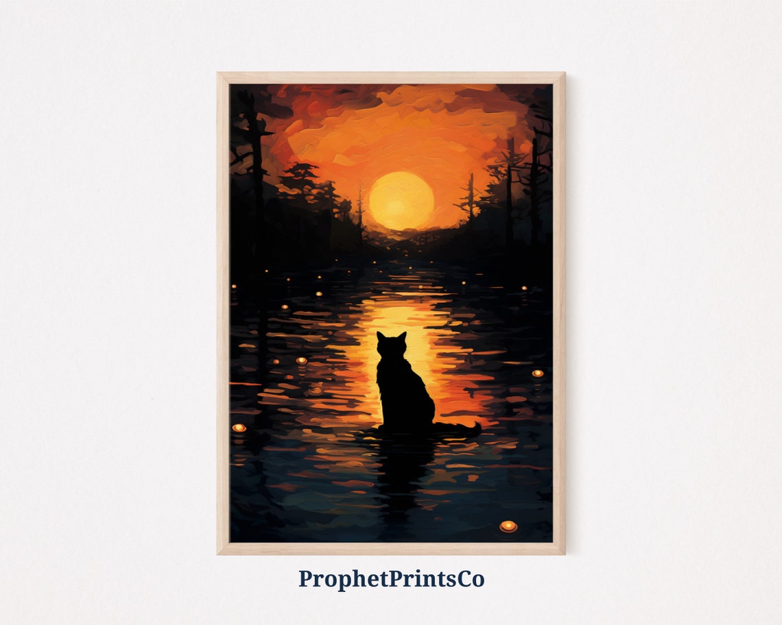 Black Cat Silhouette Watching Sunset Over Water Moody Art Poster